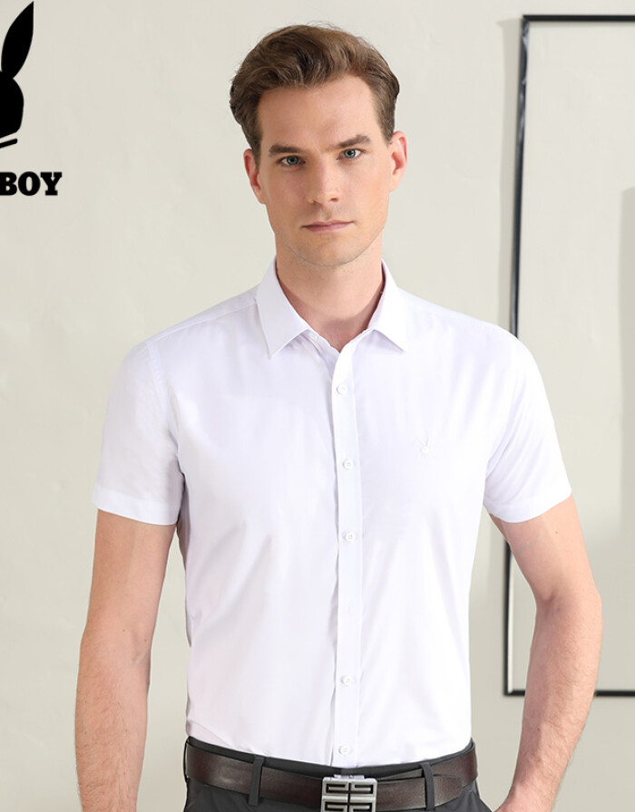 PLAYBOY/花花公子旗艦店襯衫男短袖夏季新品免燙時尚白色上班工裝襯衣男裝寸衫 白色 52/180/XL